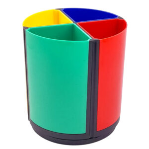 علبة أقلام بلاستيكية دائرية بأربع جيوب ملونه